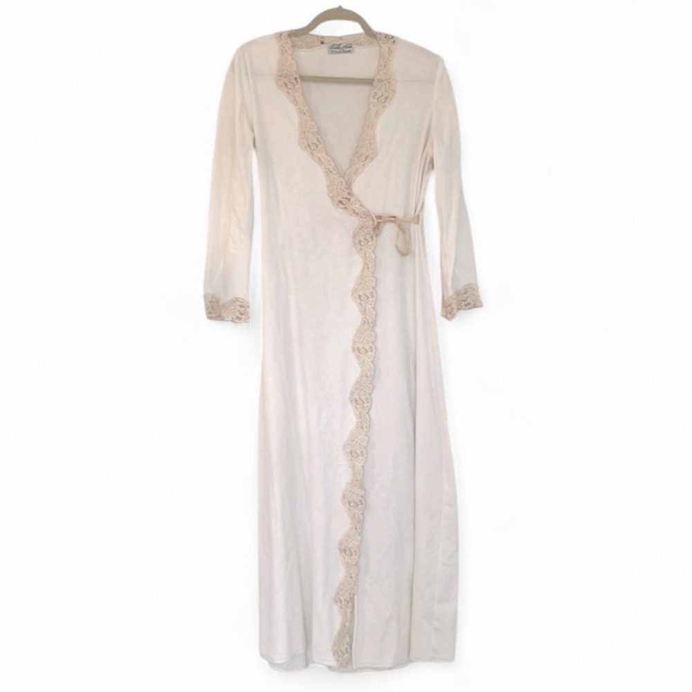 Vintage Ivory Lace Trim Wrap Robe M L - Picture 2 of 7